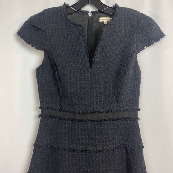 Rebecca Taylor Navy/Black Tiered Tweed Knit Fit & Flare Cap Sleeve Dress 4 - Picture 5 of 13